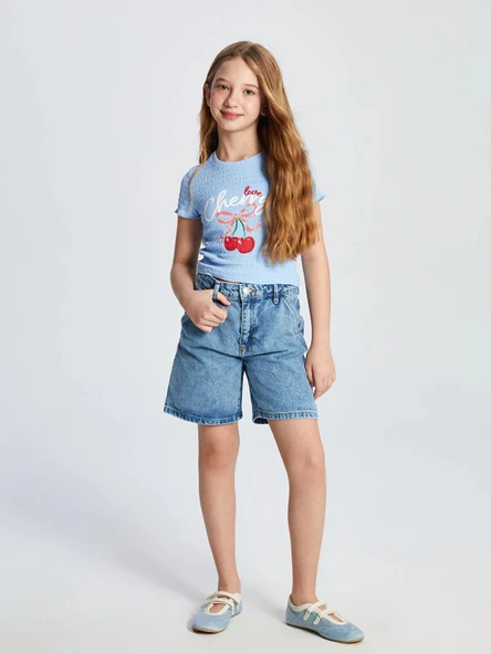 LCW Kids Mavi Beli Ayarlanabilir Lastikli Kız Çocuk Jean Şort ürün görseli 1