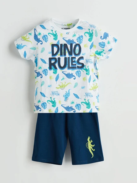 LCW Kids Beyaz Dinozor Baskılı Erkek Çocuk Şortlu Pijama Takımı ürün görseli 1