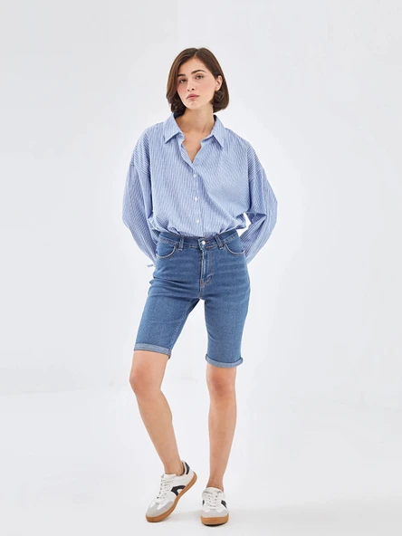 LCW Jeans Indigo Normal Bel Bermuda Fit Kadın Jean Şort ürün görseli 1