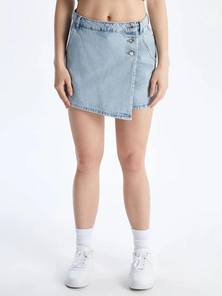 XSIDE Mavi Dar Fit Mini Jean Şort Etek - Resim 4