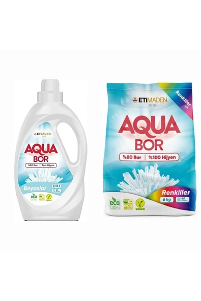 AQUABOR ÇAMAŞIR DETERJANI TOZ 6 KG RENKLİLER İÇİN+33 YIKAMA BEYAZLAR İÇİN SIVI. ürün görseli 1