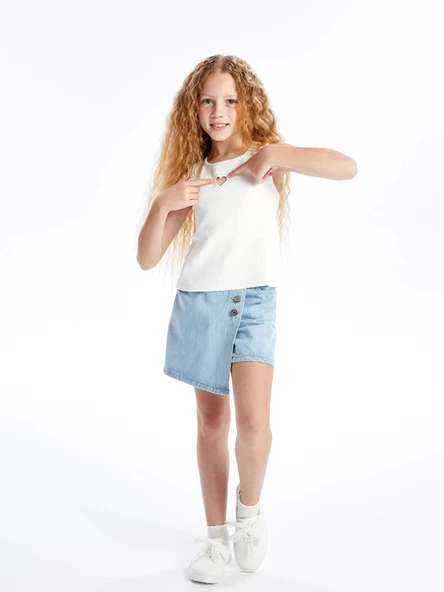 LCW Kids Indigo Beli Lastikli Kız Çocuk Jean Şort Etek ürün görseli 1