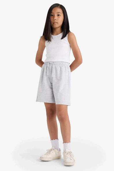 Defacto D9058 Gri Kız Çocuk Relax Fit Beli Lastikli Basic Düz Şort ürün görseli 1