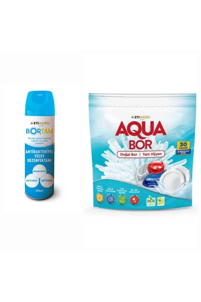 AQUABOR DOĞAL MİNERALLİ BULAŞIK MAKİNESİ DETERJANI 30 ADET +AEROSOL BORTAM DEZENFEKTAN. ürün görseli 1