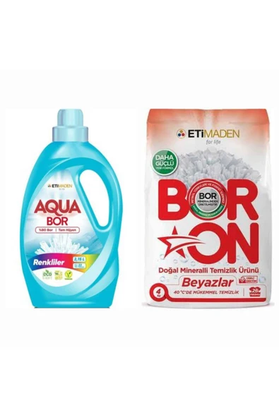 AQUABOR SIVI ÇAMAŞIR DETERJANI RENKLİLER İÇİN 33 YIKAMA + BORON TOZ 4 KG BEYAZLAR İÇİN 26 YIKAMA ürün görseli 1