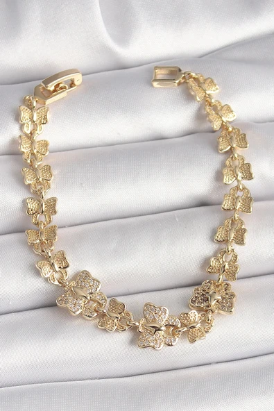 Pirinç Gold Renk Zirkon Taşlı Kelebek Model Zincir Kadın Bileklik ürün görseli 1