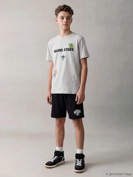 LCW Kids Gri Brawl Stars Baskılı Erkek Çocuk Şortlu Pijama Takımı ürün görseli 1