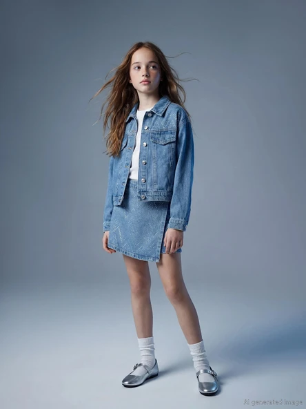 LCW Kids İndigo Taşlı Kız Çocuk Jean Şort Etek ürün görseli 1