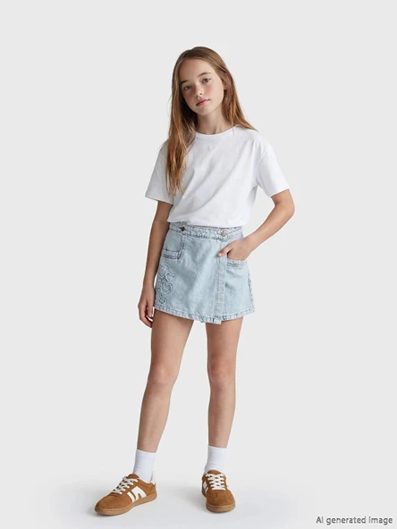 LCW Kids Mavi  Kalp Nakışlı Kız Çocuk Denim Şort Etek ürün görseli 1