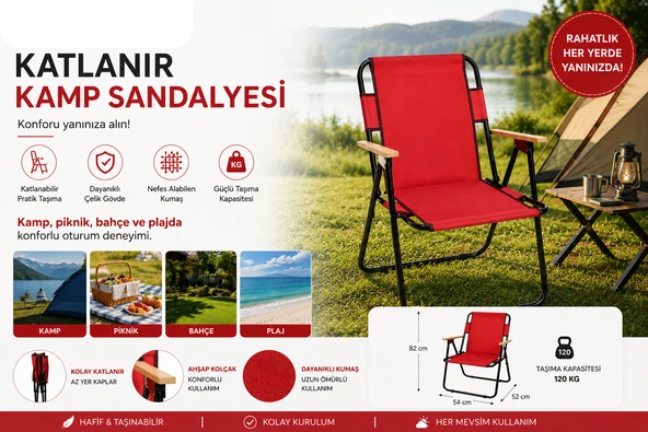 Premium Ahşap Kollu Katlanabilir Kamp Sandalyesi - Dayanıklı Kumaş Piknik ve Plaj Koltuğu ürün görseli 1