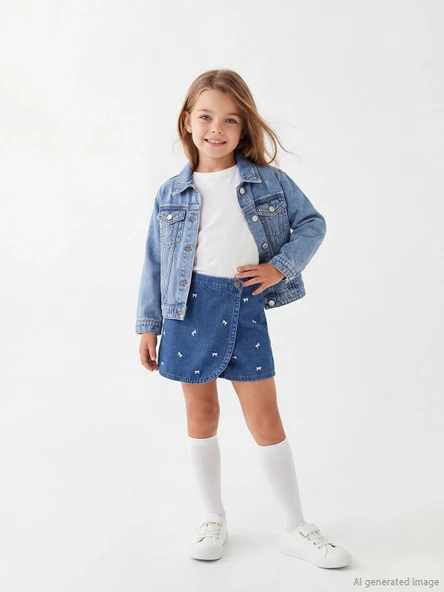 LCW Kids İndigo Kurdele Nakışlı Kız Çocuk Jean Şort ürün görseli 1
