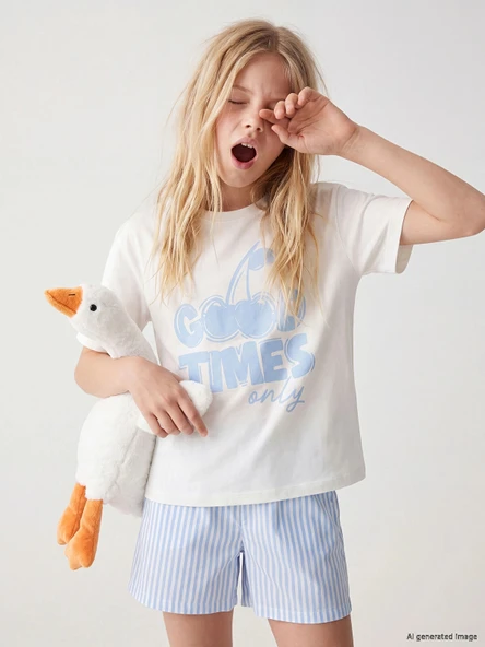 LCW Kids Ekru Baskılı Kız Çocuk Şortlu Pijama Takımı ürün görseli 1