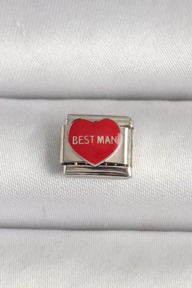 316L Çelik Gümüş Renk 'Best Man' Yazılı Kırmızı Kalp İşlemeli Nomination Charm ürün görseli 1