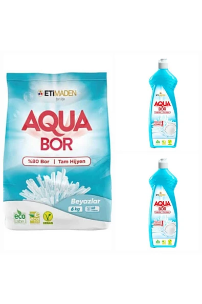 AQUABOR DOĞAL MİNERALLİ BEYAZLAR İÇİN ÇAMAŞIR DETERJANI 6 KG + 2 ADET ELDE YIKAMA BULAŞIK DETERJAN ürün görseli 1