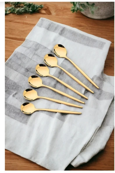 Çelik Gold Renk 6 Adet Tatlı Kaşığı Çay Kaşığı - Resim 3