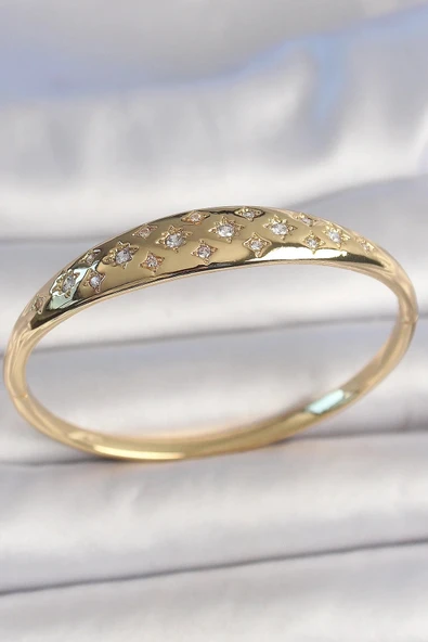 Pirinç Gold Renk Zirkon Taşlı Yıldız İşlemeli Kadın Kelepçe ürün görseli 1