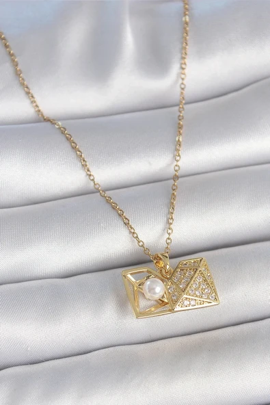 316L Çelik Gold Renk Zincir Zirkon Taşlı Açılır İncili Elmas Model Kadın Kolye ürün görseli 1
