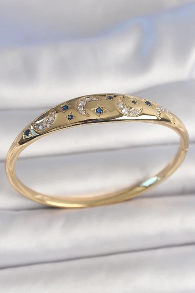 Pirinç Gold Renk Zirkon Taşlı Hilal İşleme Mavi Taşlı Yıldız Detay Kadın Kelepçe ürün görseli 1