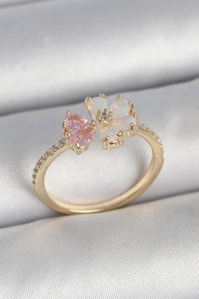 Pirinç Gold Renk Beyaz Mineli Pembe Zirkon Taşlı Çiçek Model Kadın Yüzük ürün görseli 1