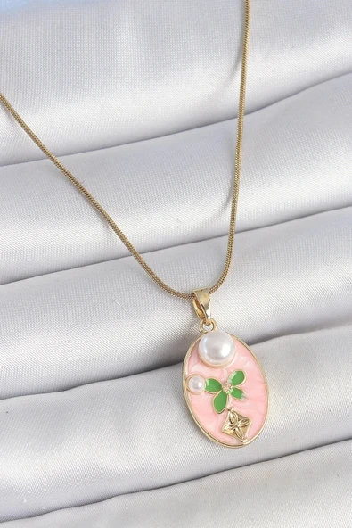 316L Çelik Gold Renk Zincir Pembe Mineli Oval İncili Çiçek İşlemeli Portre Model Kadın Kolye ürün görseli 1