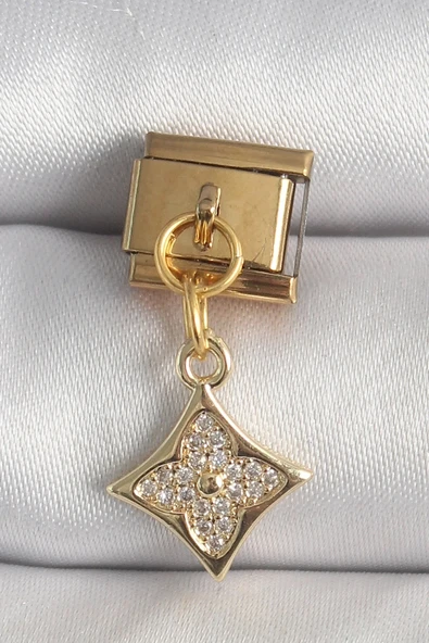 316L Çelik Gold Renk Sallantı Zirkon Taşlı Çiçek İşlemeli Nomination Charm ürün görseli 1