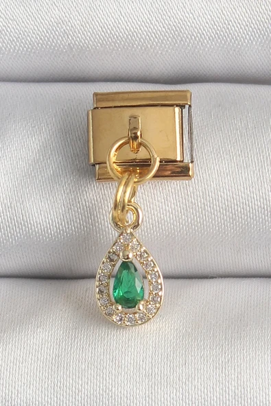 316L Çelik Gold Renk Sallantı Damla Yeşil Zirkon Taşlı Nomination Charm ürün görseli 1