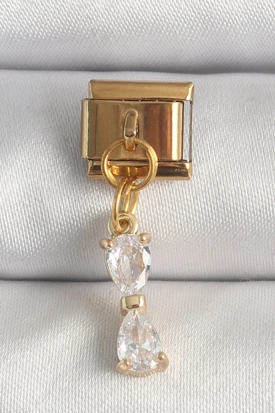316L Çelik Gold Renk Sallantı Zirkon Taşlı Kurdele Model Nomination Charm ürün görseli 1