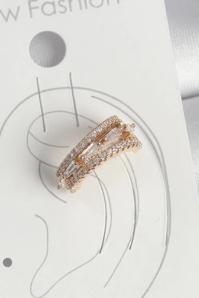 Pirinç Gold Renk Zirkon Taşlı 3'Lü Sıralı Model Kadın Kıkırdak Küpe ürün görseli 1