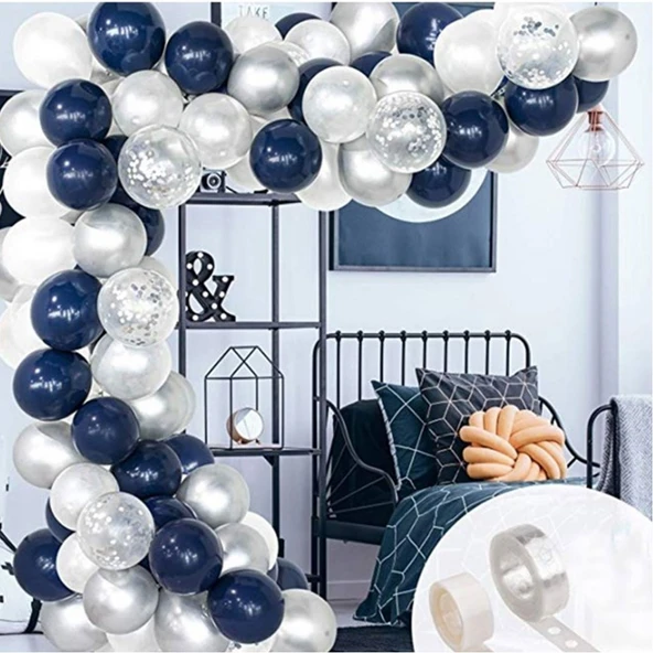 Lacivert Beyaz Gümüş Konfetili Balon Zincir Seti 102 Parça ürün görseli 1