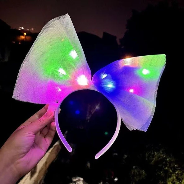 Rengarenk Led Işıklı Fiyonk Tül Parti Tacı Beyaz ürün görseli 1
