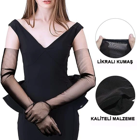 Uzun Boy Likralı Siyah Yetişkin Mega Tül Eldiven - Resim 4