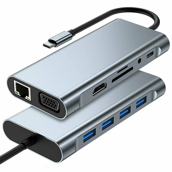 Winex 11in1 Hub Type-C to 4K HDMI/UsbA 3.0/TF SD/VGA/3.5mm AUX/PD Şarj/RJ45 Ethernet Dönüştürücü Adaptör ürün görseli 1