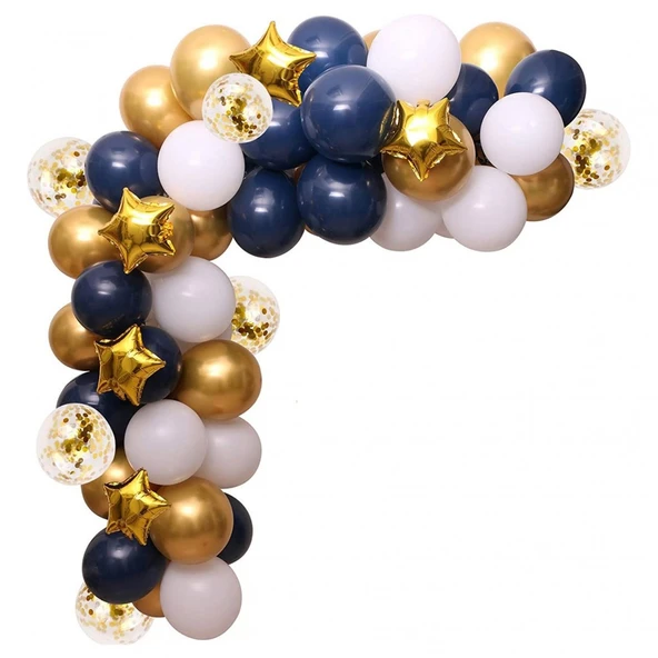 Lacivert Gold Krom Beyaz Konfetili Yıldızlı Balon Zincir Seti 114 Parça ürün görseli 1