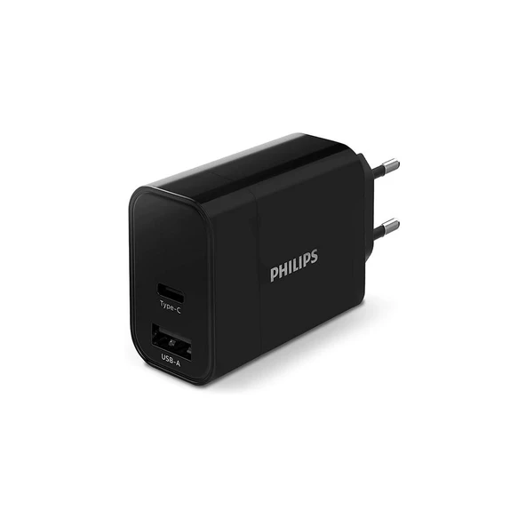 Philips UsbA ve Type-C 30W Çift Çıkışlı Şarj Adaptörü Siyah DLP2621/12 ürün görseli 1