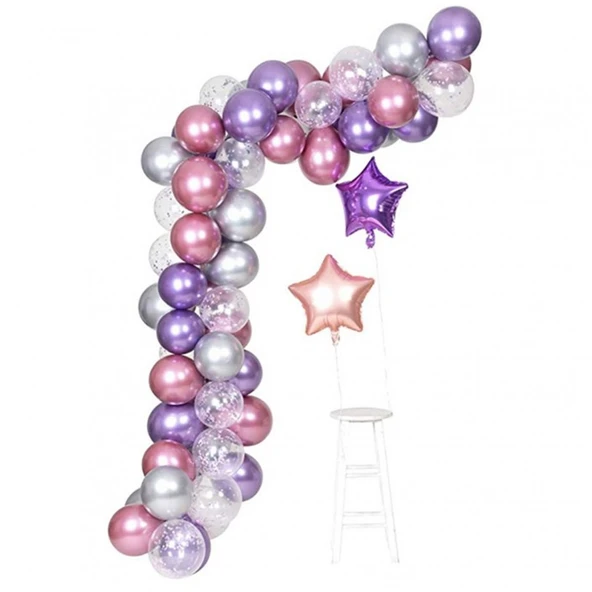 Pembe Mor Gümüş Konfetili Balon Zincir Seti 71 Parça ürün görseli 1