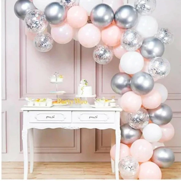 Pembe Beyaz Gümüş Krom Konfetili Balon Zincir Seti 5 Metre 102 Parça ürün görseli 1