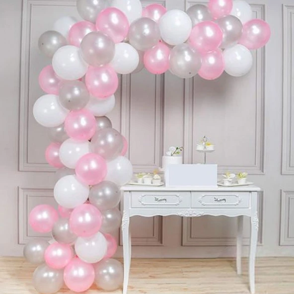Balon Zinciri Seti Gümüş Beyaz Pembe 101 Parça ürün görseli 1