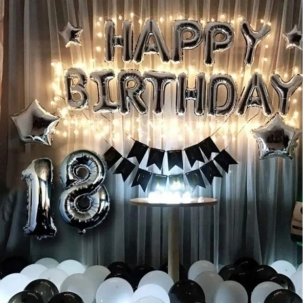 Happy Birthday Gümüş Siyah Beyaz Set ürün görseli 1