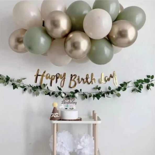 Mini Küf Balon Konsepti - Küf Yeşili Balon Zinciri - 50 Adet Balon Zincir Ve Happy Brithday Yazısı ürün görseli 1