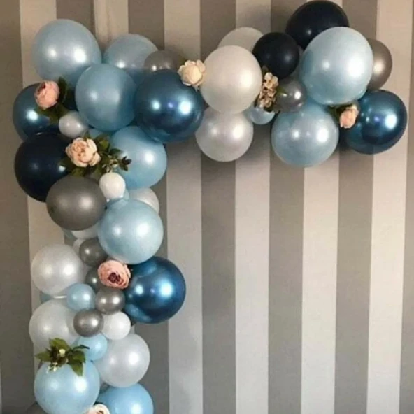 50 Adet Metalik Balon Mavi Beyaz Gümüş Balon Konsepti (krom Mavi) Set 5 Mt Balon Zincir Aparatı ürün görseli 1