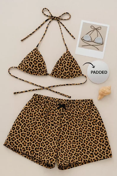 Kadın Leopar Desenli Şortlu Belden ve Boyundan Bağlamalı Bikini Takımı ürün görseli 1