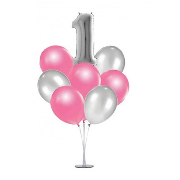 1 Yaş 7'li Balon Standı Ve 10 Adet Metalik Balon Pembe ürün görseli 1