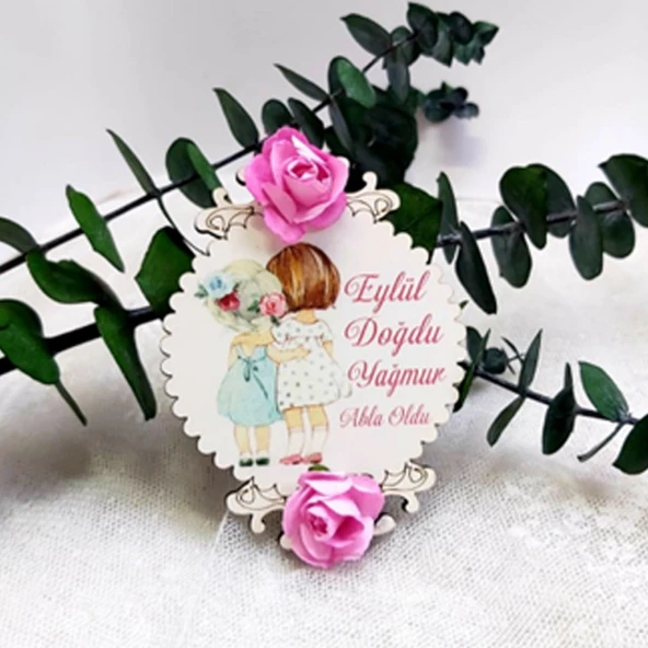 Çiçekli Abla Kardeş Ahşap Bebek Şekeri Magnet(30 Adet) ürün görseli 1