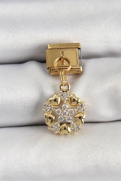 316L Çelik Sallantılı Zirkon Taşlı Kalp Detaylı Yıldz Model Gold Renk Nomination Charm ürün görseli 1
