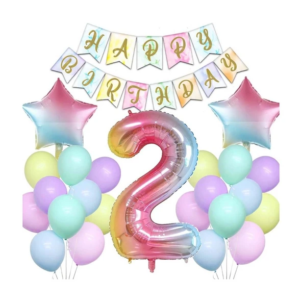 Gökkuşağı Konsepti 2 Yaş Doğum Günü Parti Kutlama Seti; Rakam Ve Yıldız Folyo, Banner Ve Makaron Balon ürün görseli 1