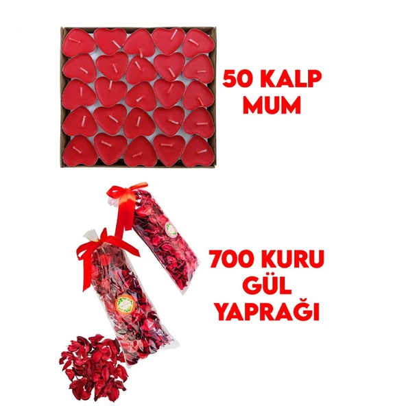 14 Şubat Sevgililer Günü 50 Mum + 700 Kuru Gül Yaprağı, Kalpli Mum Ve Kuru Gül Yaprakları ürün görseli 1