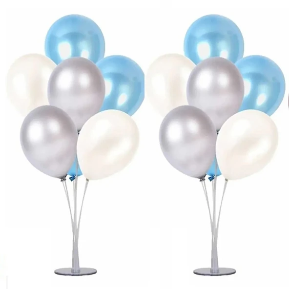 2 Adet 7'li Balon Standı Ve 14 Adet Gümüş -mavi - Beyaz Metalik Balon Parti Malzemeleri ürün görseli 1