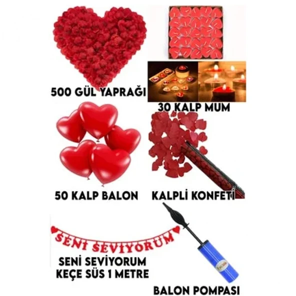 Evlilik Teklifi 500 Gül Yaprağı+ 30 Kalp Mum+ 50 Balon+ 1 Konfeti+ 1 Pompa + Yazı Seni Seviyorum ürün görseli 1