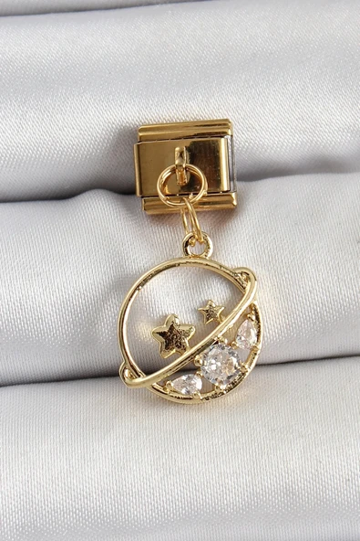 316L Çelik Sallantılı Zirkon Taşlı Satürn Model Gold Renk Nomination Charm ürün görseli 1