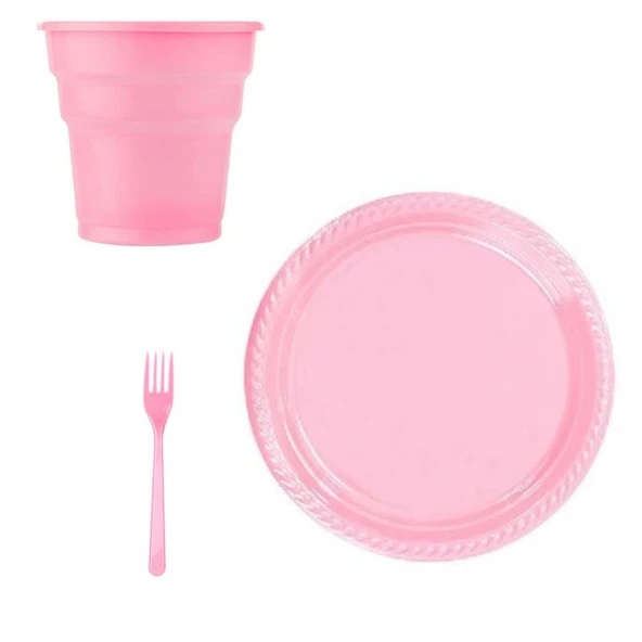 25 Kişilik Pastik Tabak Bardak Çatal Set Pembe ürün görseli 1
